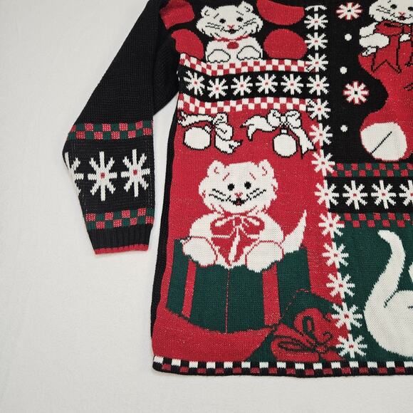 VTG Christmas Sweater Womens M Cat Kitten Kitty Holiday Made in USA Red Grandma - Picture 6 of 12